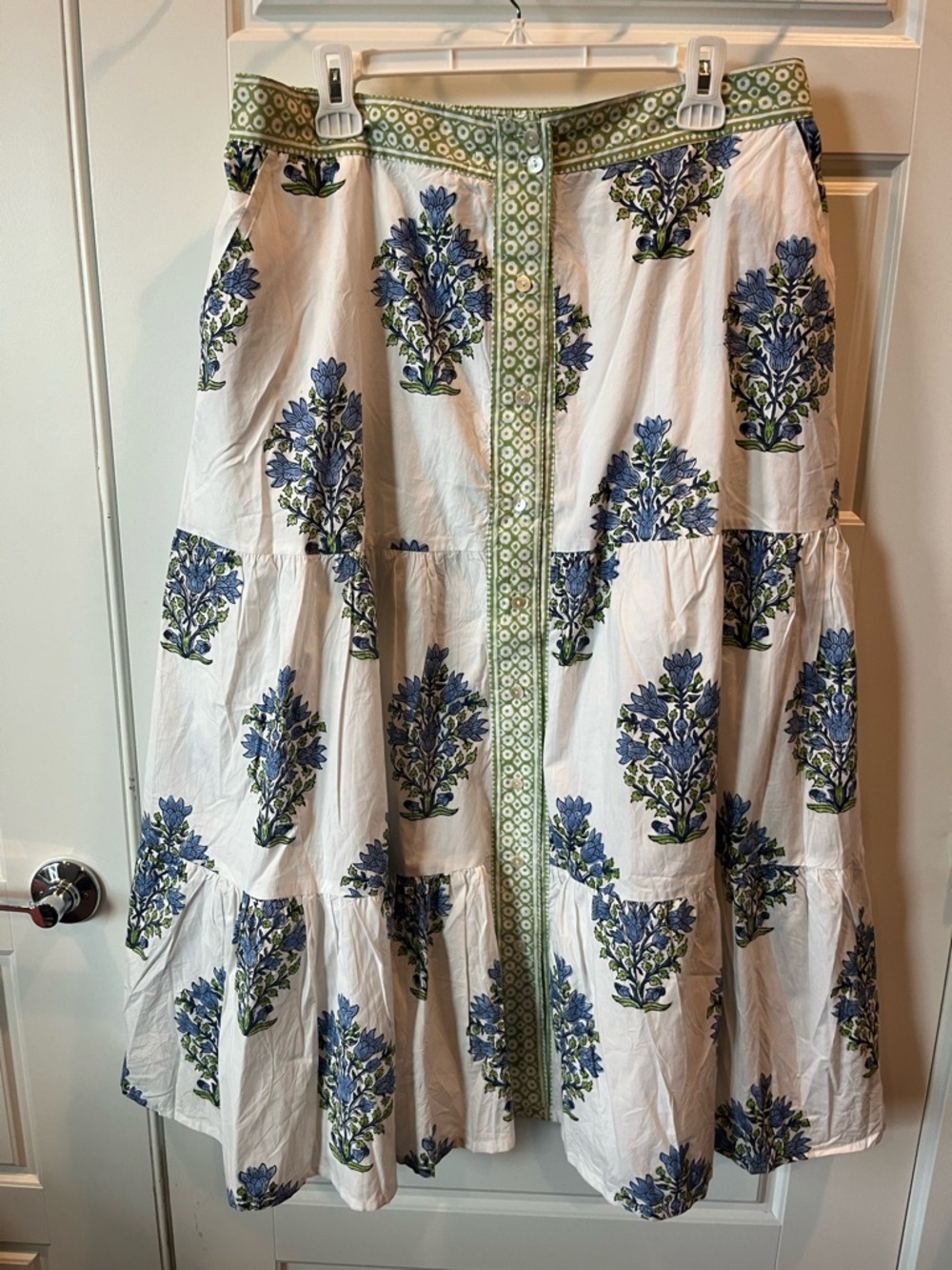 RNWK Floral Tiered Skirt in White, Blue & Green-Flowy Cotton